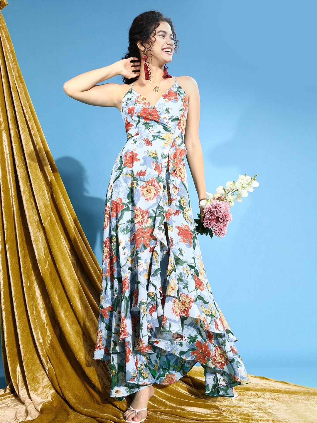 Berrylush Blue Floral Crepe Maxi Dress
