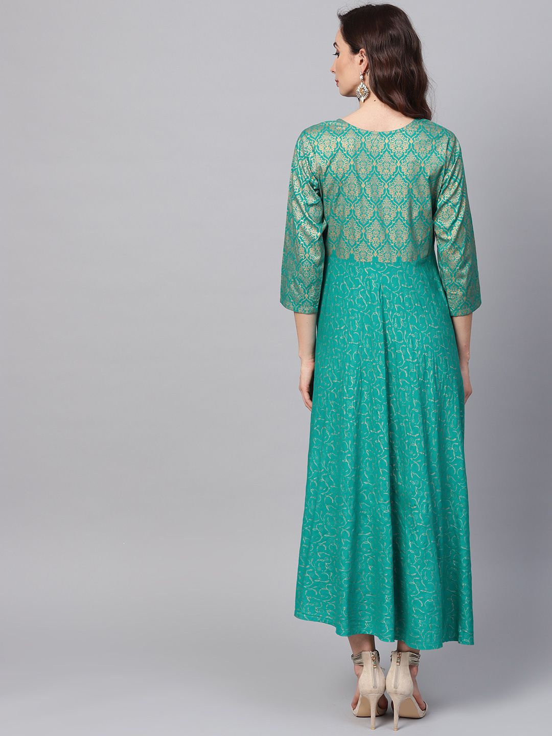 SOJANYA Wanita Turquoise Blue & Golden Foil Print Kurta A-Line