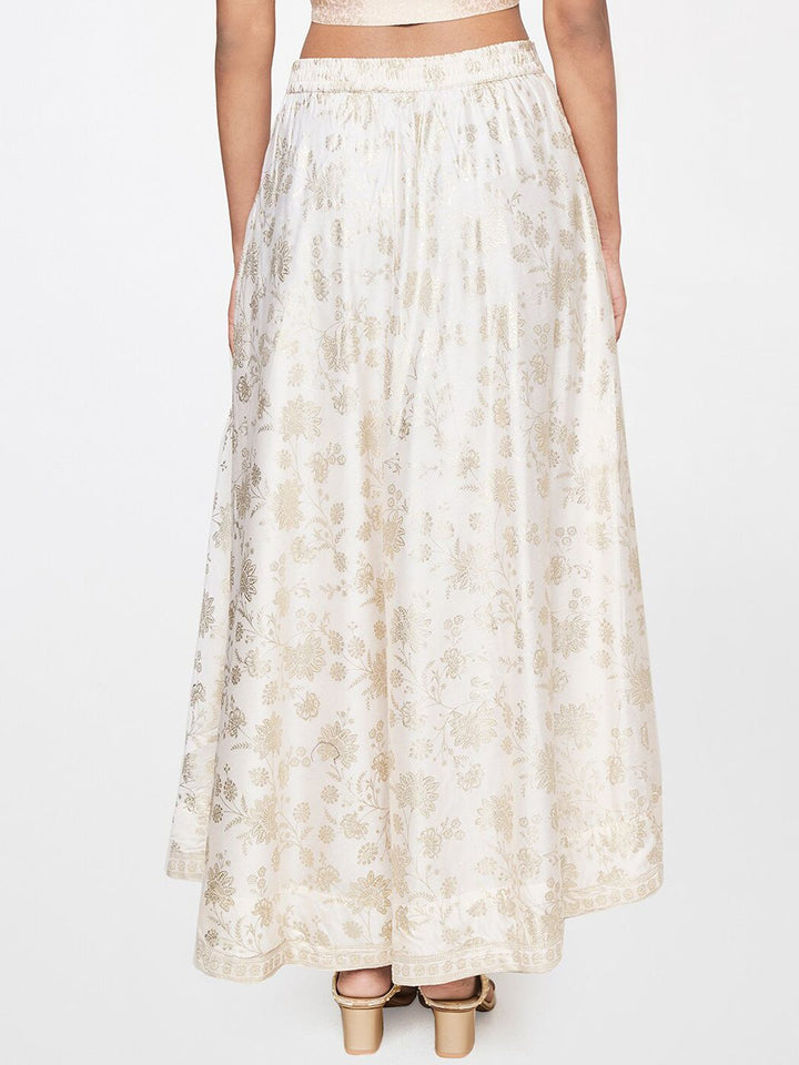 Global Desi Women Off White Gold-toned Printed Flared Maxi Skirt