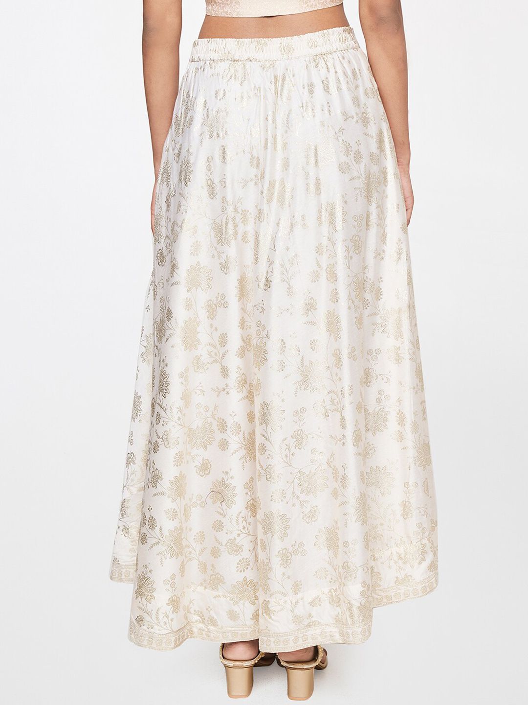 Global Desi Women Off White Gold-toned Printed Flared Maxi Skirt