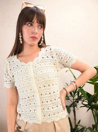 SASSAFRAS Self Design Round Neck Crochet Shirt Style Top