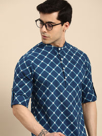 Anouk Men Pure Cotton Band Collar Checked Indigo Kurta