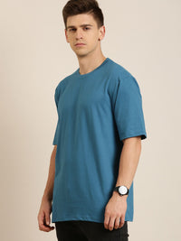 Difference of Opinion Men Teal Blue Pure Cotton Drop-Shoulder Oversized Fit T-shirt