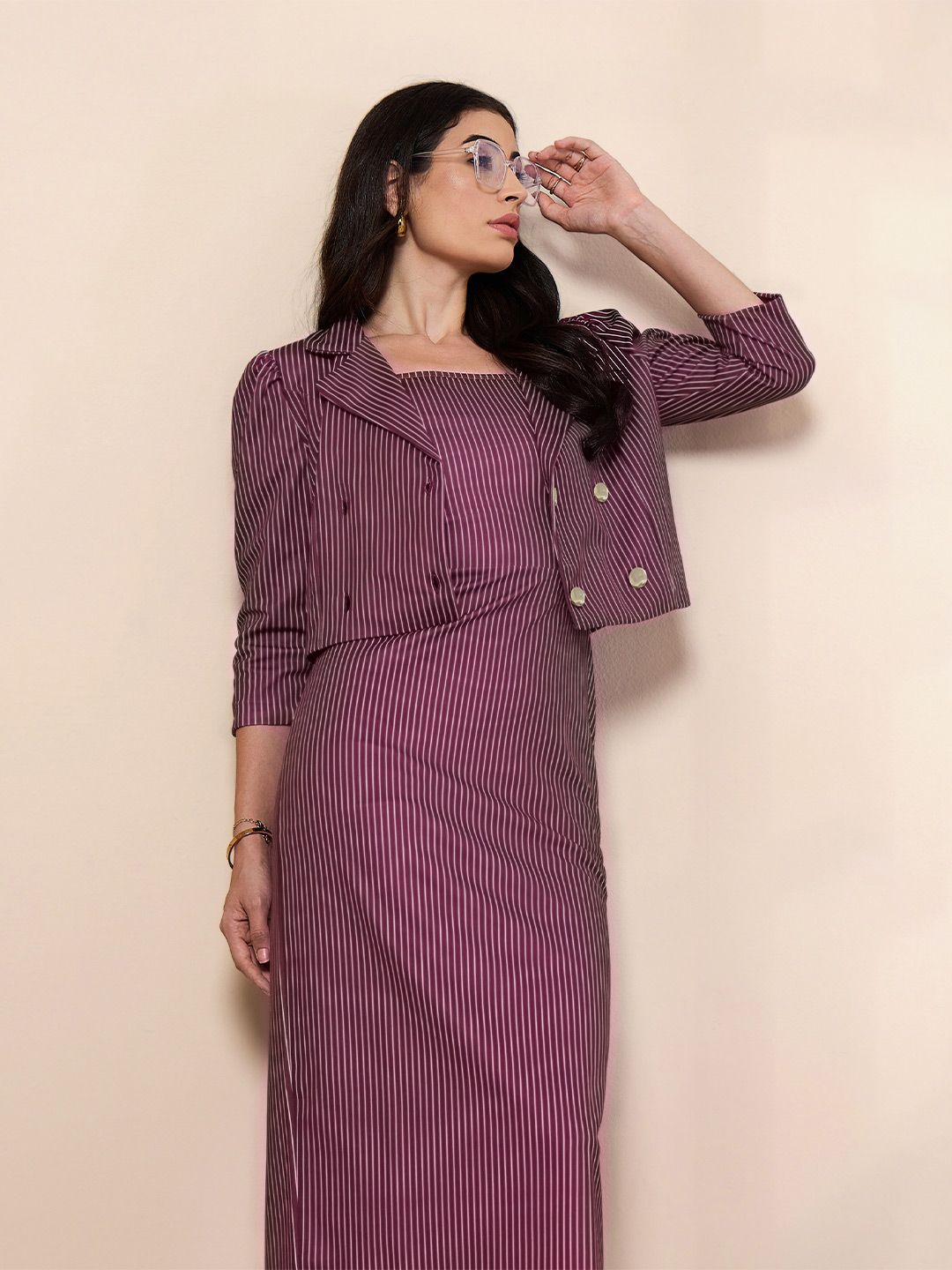 SASSAFRAS worklyf Striped Bodycon Dress With Crop Blazer