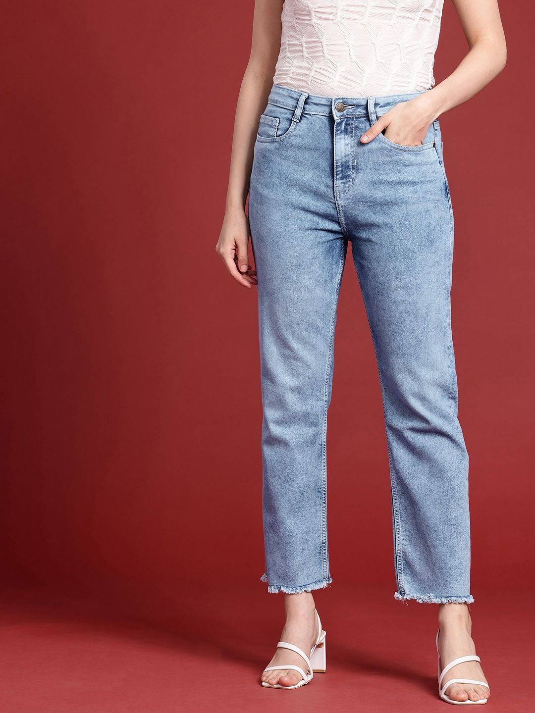 all about you Women Straight Fit High-Rise Heavy Fade Stretchable Jeans