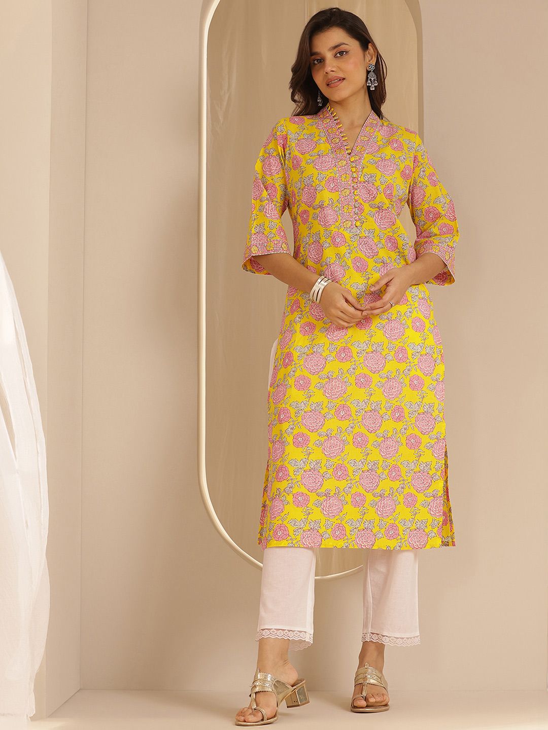 Libas Floral Printed V Neck Cotton Straight Kurta