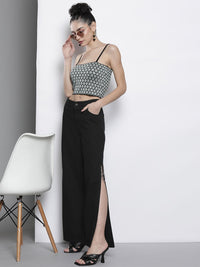 SASSAFRAS Women Black Flared High-Rise Cotton Chain Slit Jeans