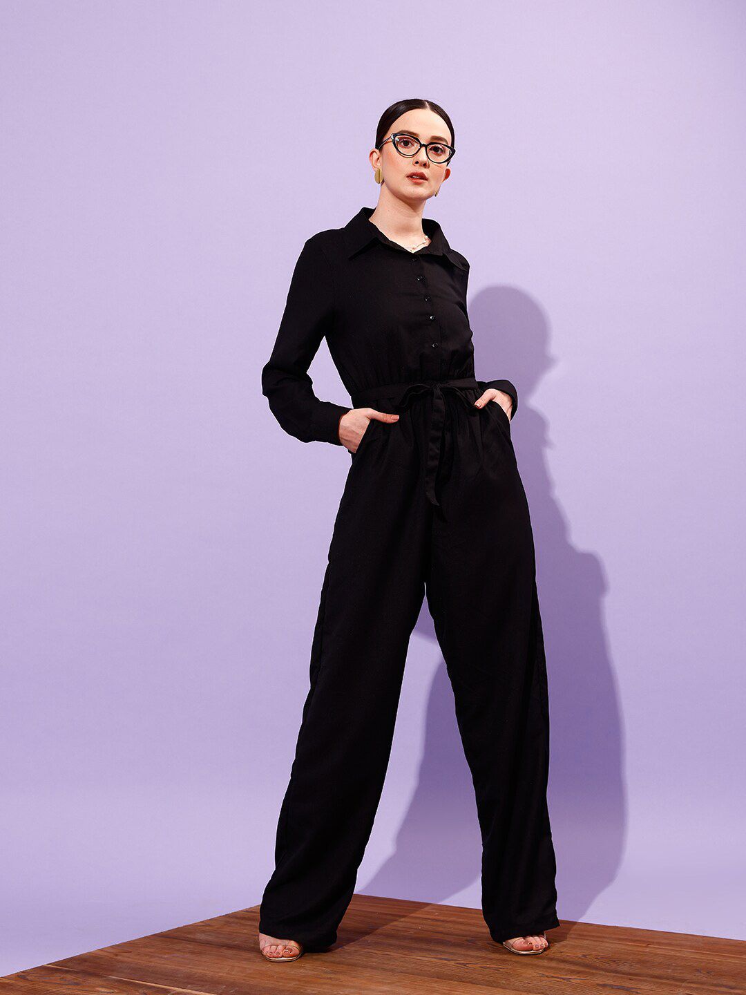 STREET 9 Shirt Collar Long Sleeve Waist Tie-Ups Basic Jumpsuit