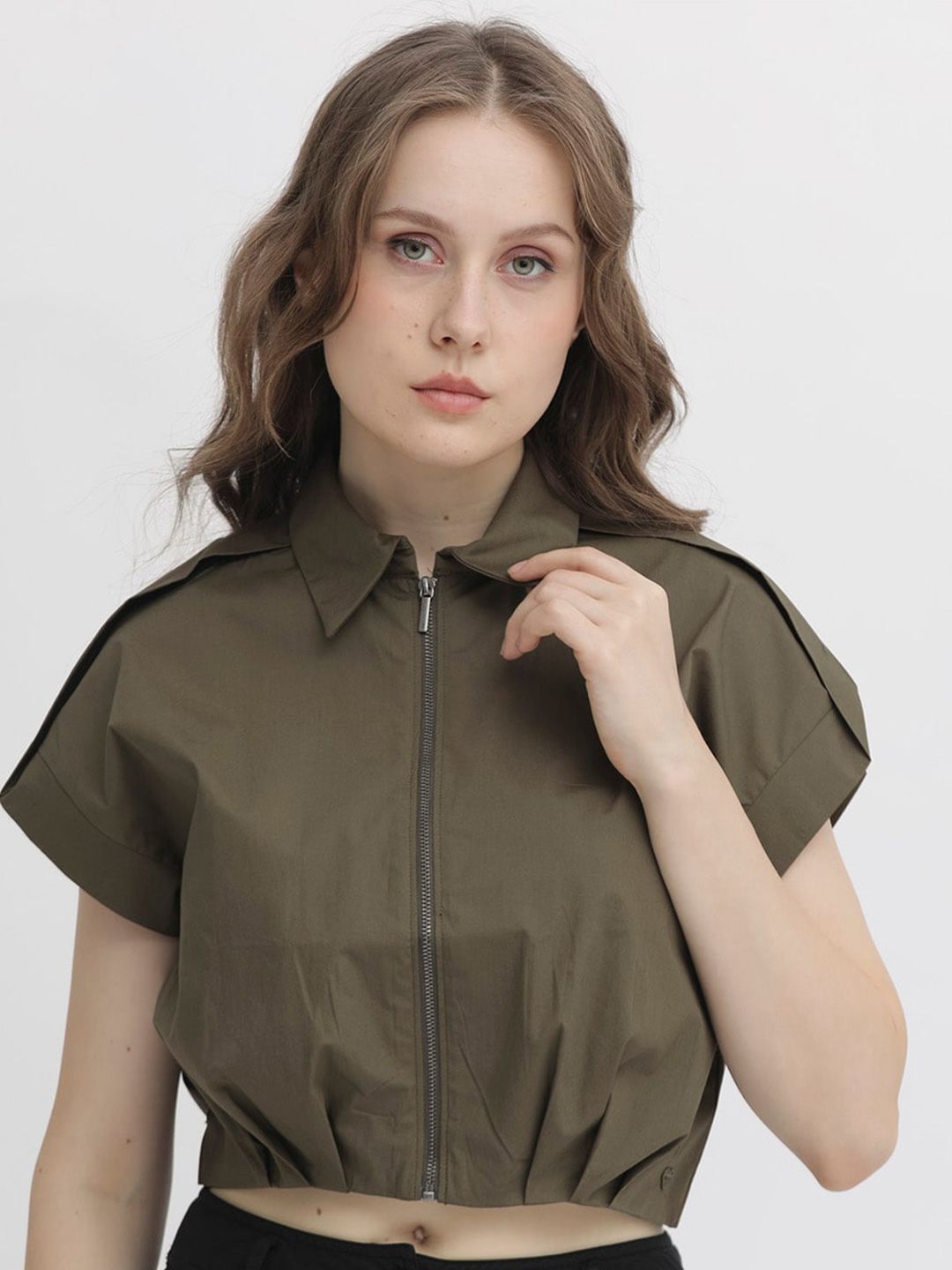 RAREISM Shirt Collar Extended Sleeves Crop Shirt Style Cotton Top