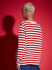 SASSAFRAS Red Striped V-Neck Long Sleeves Pure Cotton Pullover Sweatshirt