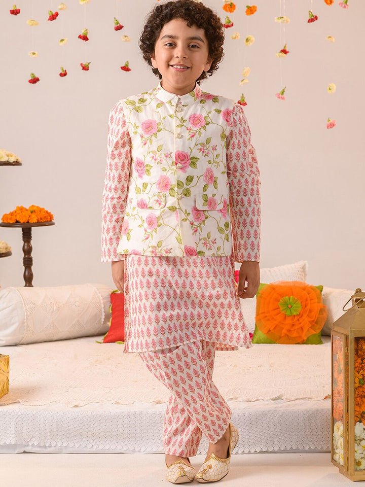 pspeaches Boys Floral Printed Regular Pure Cotton Kurta With Pyjamas & Nehru Jacket
