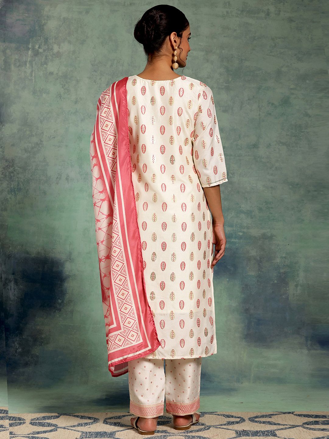 Libas White Floral Printed Thread Work Straight Kurta With Palazzos & Dupatta