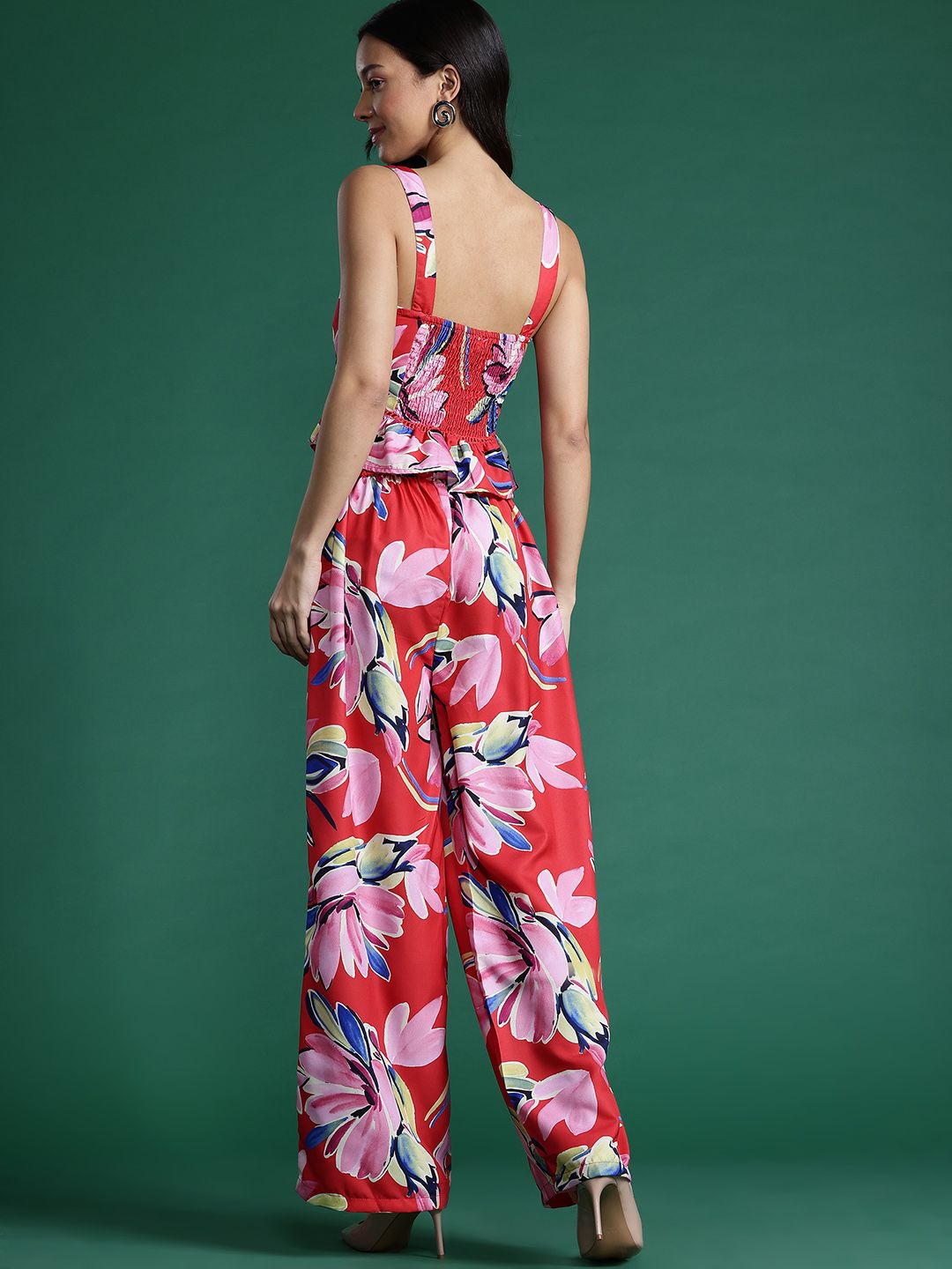 DressBerry Women Floral Printed Smocked Top with Trousers Co-Ord Set