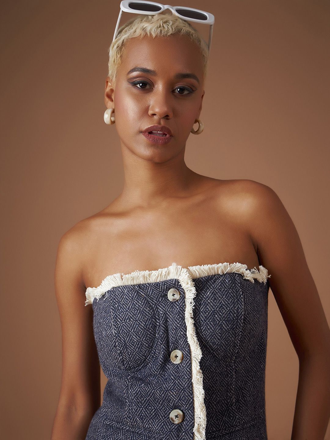 SASSAFRAS Jacquard Geometric Tweed Tube Top