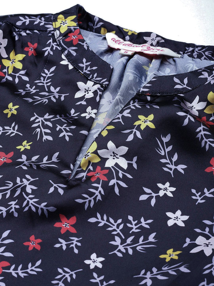 all about you Floral Print Satin Finish Mandarin Collar Puff Sleeve Top