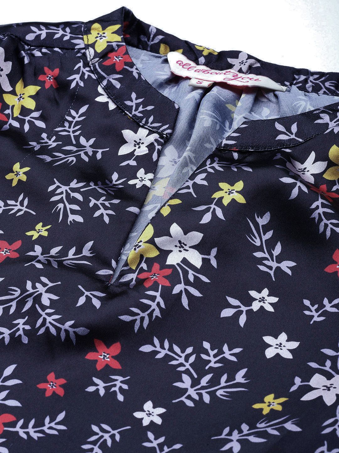 all about you Floral Print Satin Finish Mandarin Collar Puff Sleeve Top