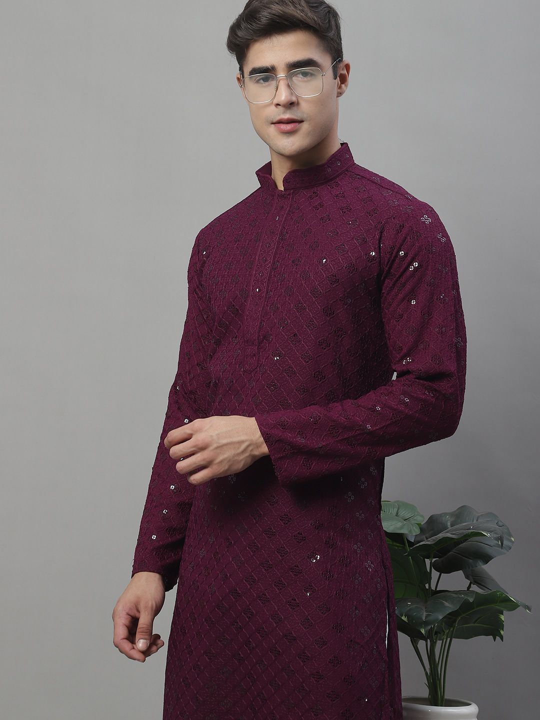 Jompers Mandarin Collar Ethnic Motifs Chikankari Sequined Kurta