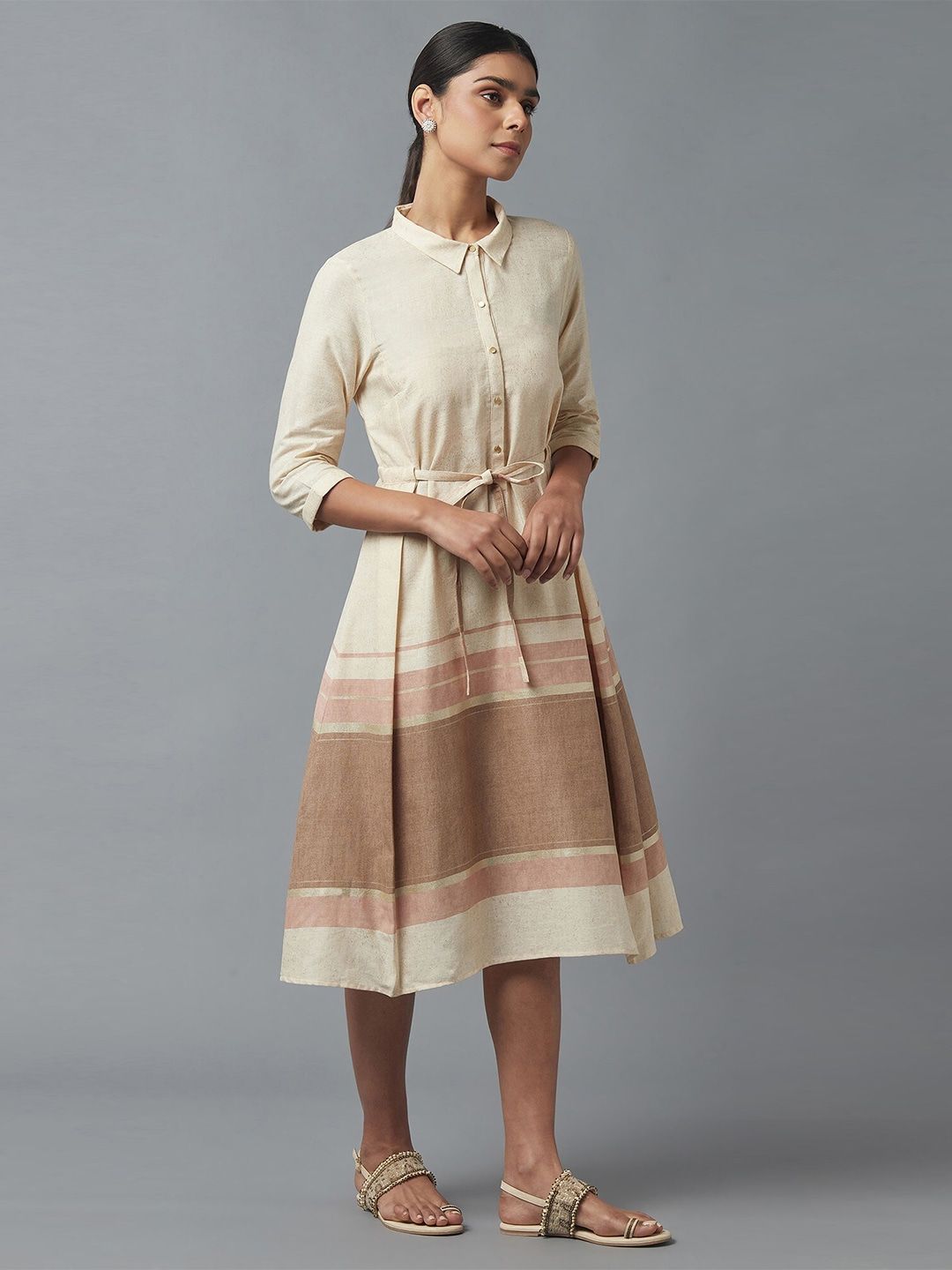 W Beige & Brown Ethnic Midi Dress