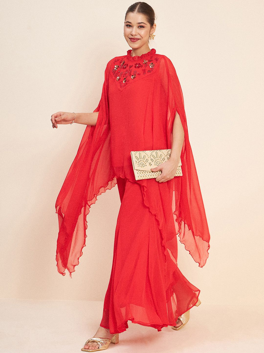 Antheaa Red Round Neck Embellished Co-Ords Set