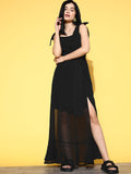 Berrylush Women Elegant Black Solid Fluid Tie-Up Dress