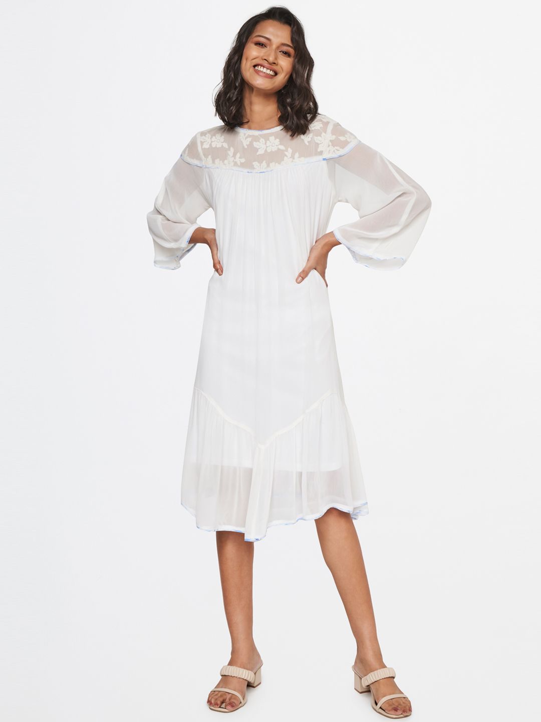 AND Flared Sleeve A-Line Midi Dress with Embroidered Yoke