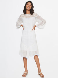AND Flared Sleeve A-Line Midi Dress with Embroidered Yoke