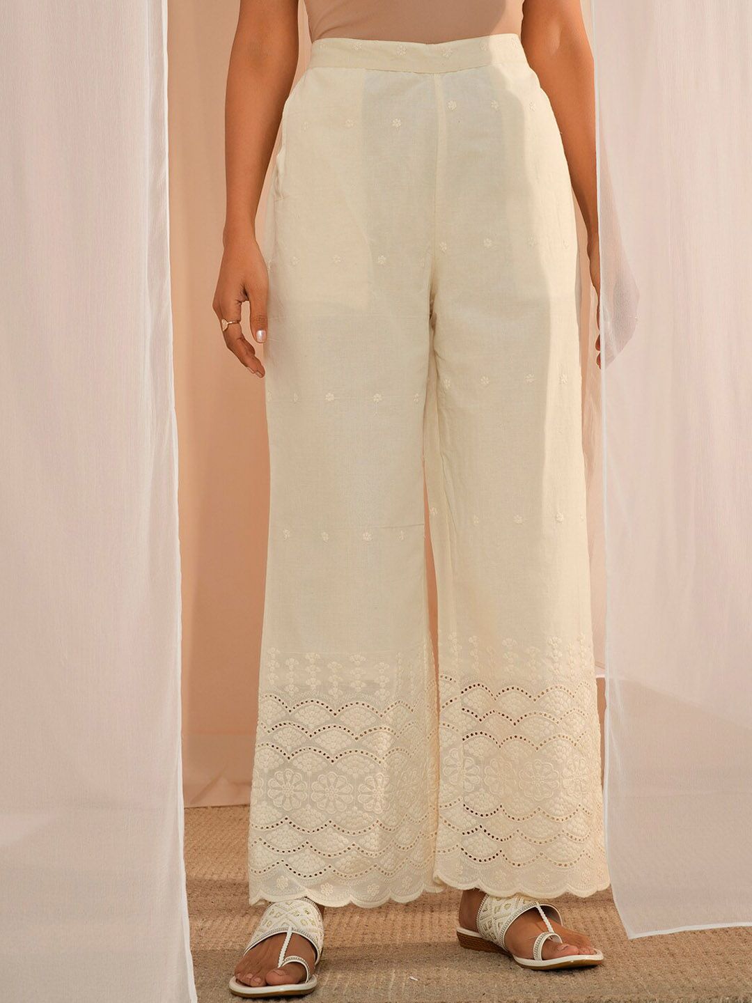 Libas Off White Self Design Round Neck Pure Cotton Flared Anarkali Kurta With Palazzo