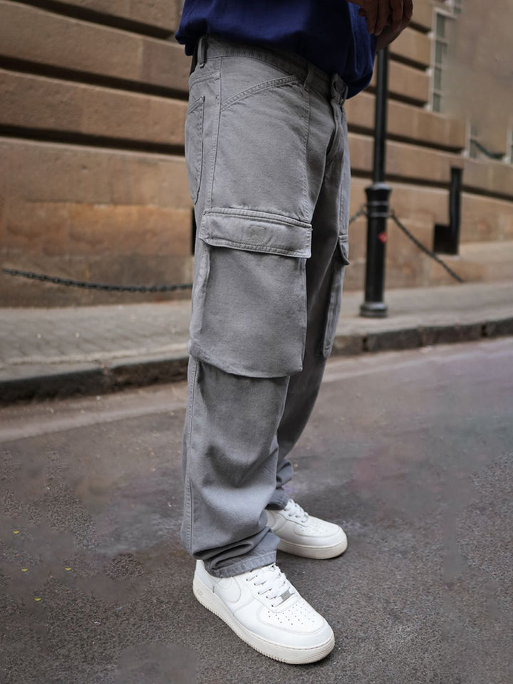 Powerlook Men Baggy Fit Mid Rise Clean Look Heavy Fade Cargos Jeans