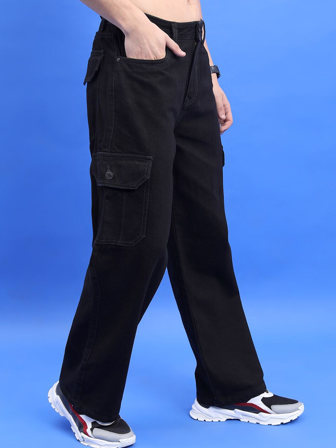 HIGHLANDER Men Black Wide Leg Clean Look Cargo Jeans