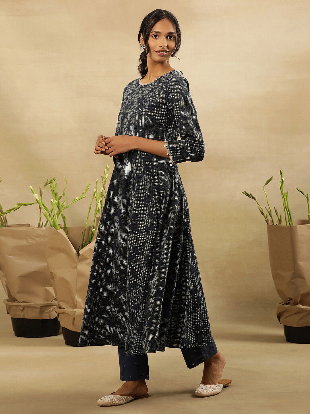 W Floral Printed A-Line Midi Cotton Dress