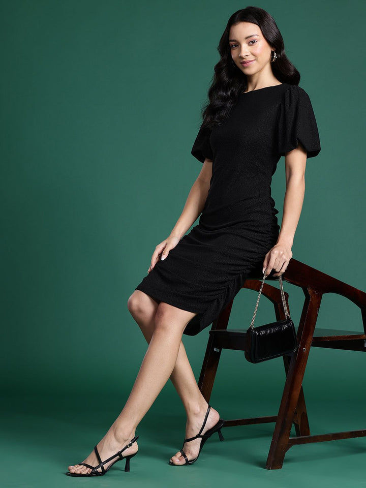 DressBerry Shimmer Finish Ruched Detail Puff Sleeve Mini Dress