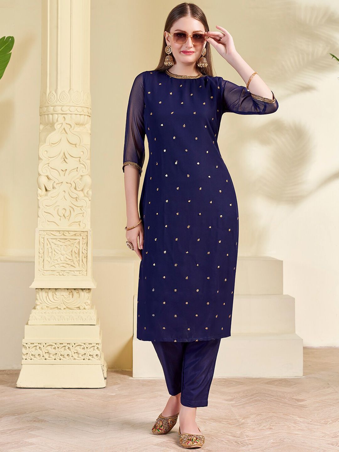 KALINI Floral Embroidered Sequined Georgette Straight Kurta With Trouser