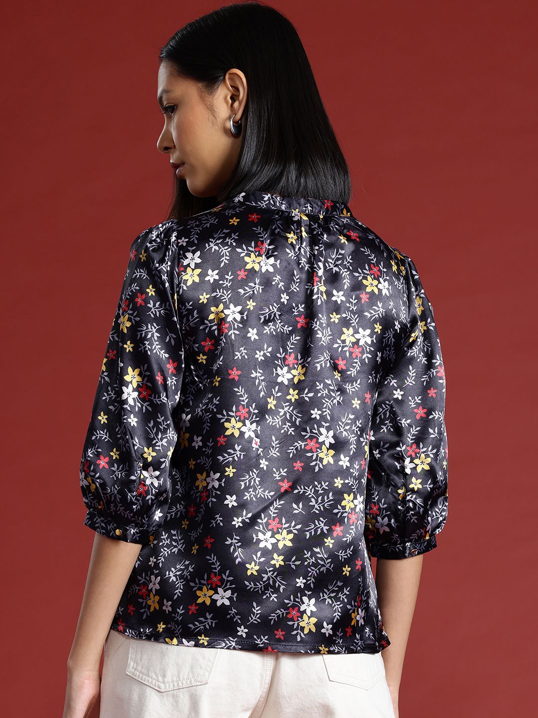 all about you Floral Print Satin Finish Mandarin Collar Puff Sleeve Top