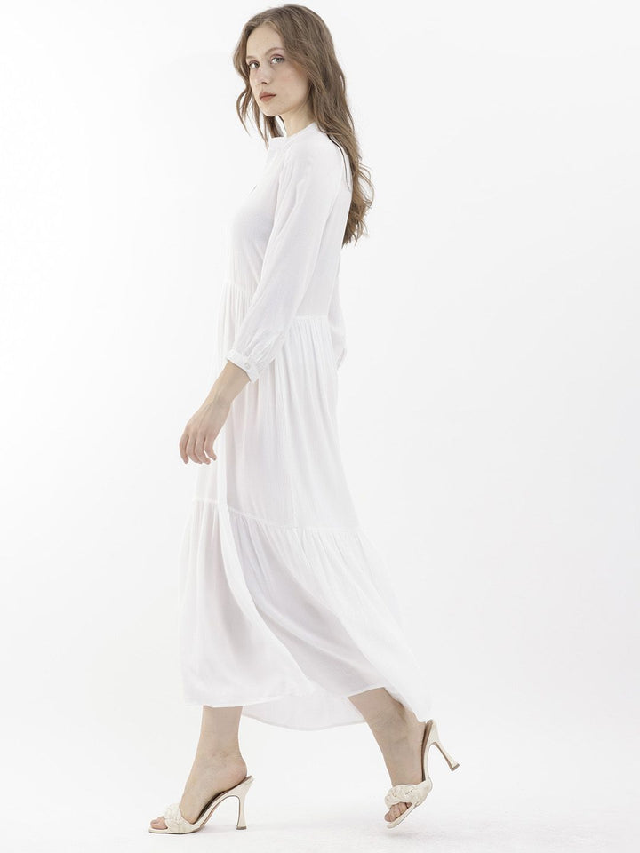 RAREISM Mandarin Collar Cuffed Sleeves Gathered Tiered Fit & Flare Midi Dress