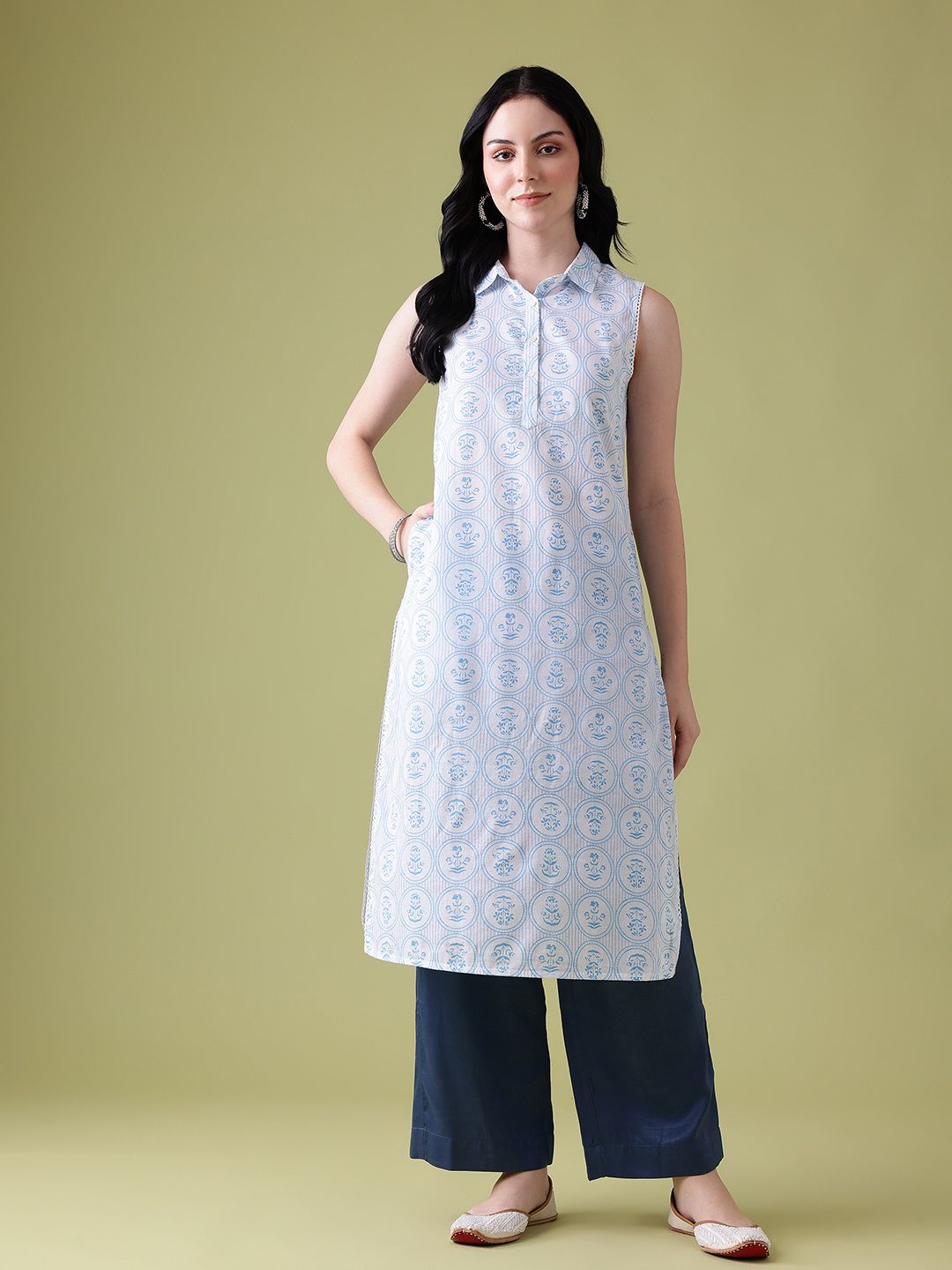 Anouk Floral Printed Pure Cotton Lace Insert Detail Calf-Length Straight Kurta