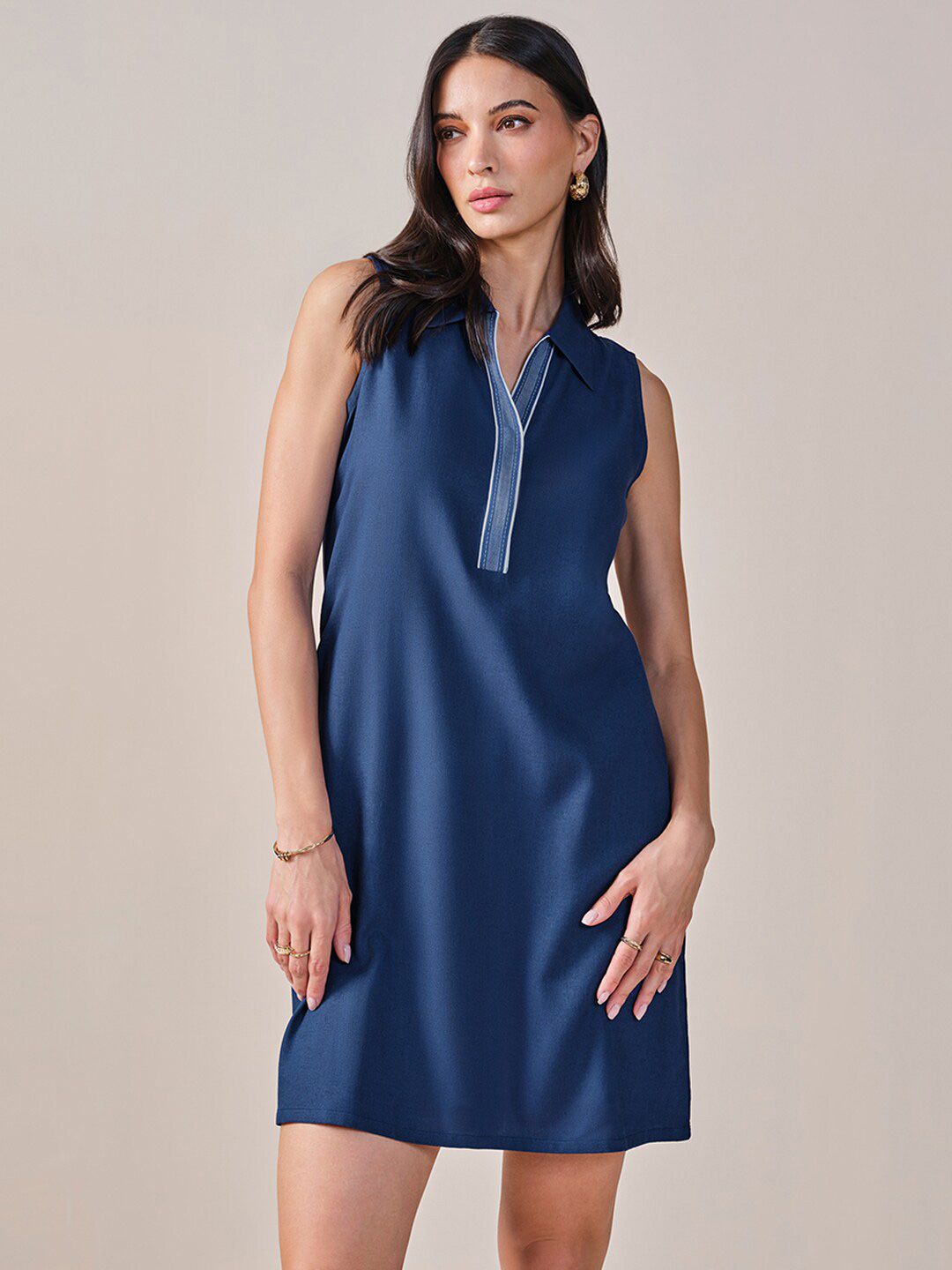 AND Shirt Collar Sleeveless A-Line Dress