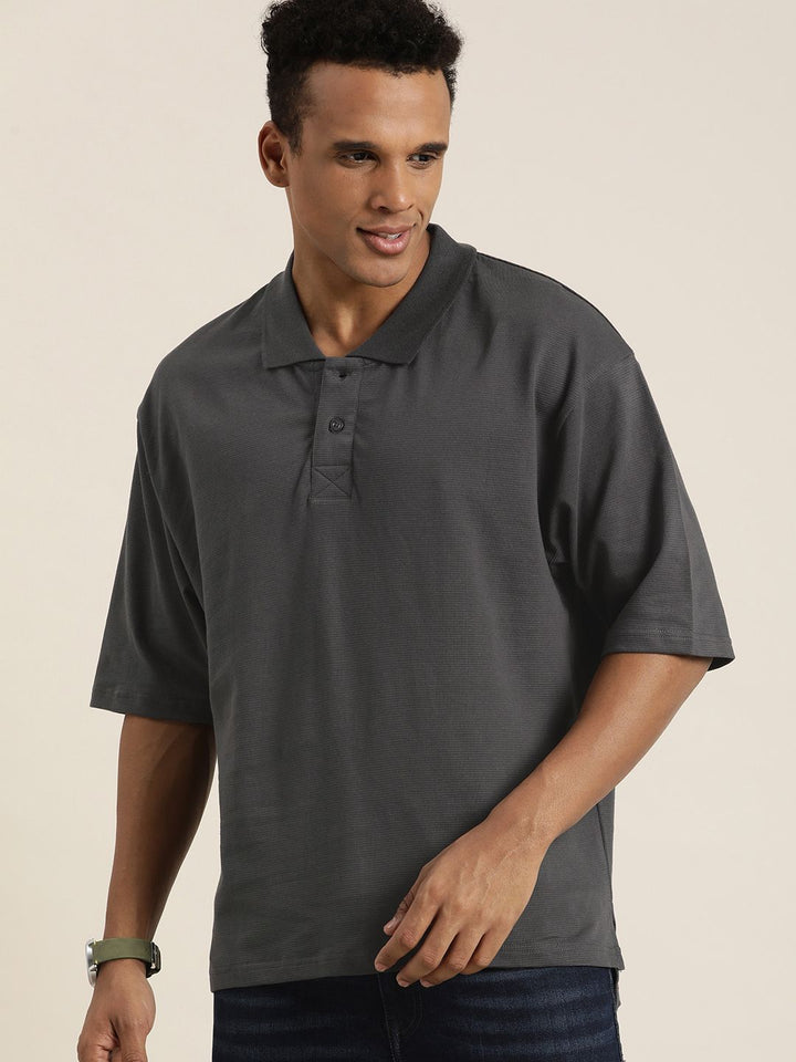 DILLINGER Men Solid Honeycomb Structure Oversized Cotton Polo T-Shirt