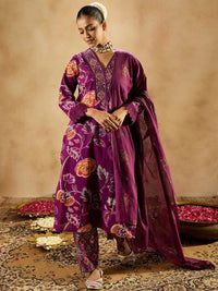 Indo Era Burgundy Floral Printed V-Neck Sequinned Pure Cotton Straight Kurta Set