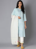 W Women Blue Striped Kurta with Trousers & With Dupatta