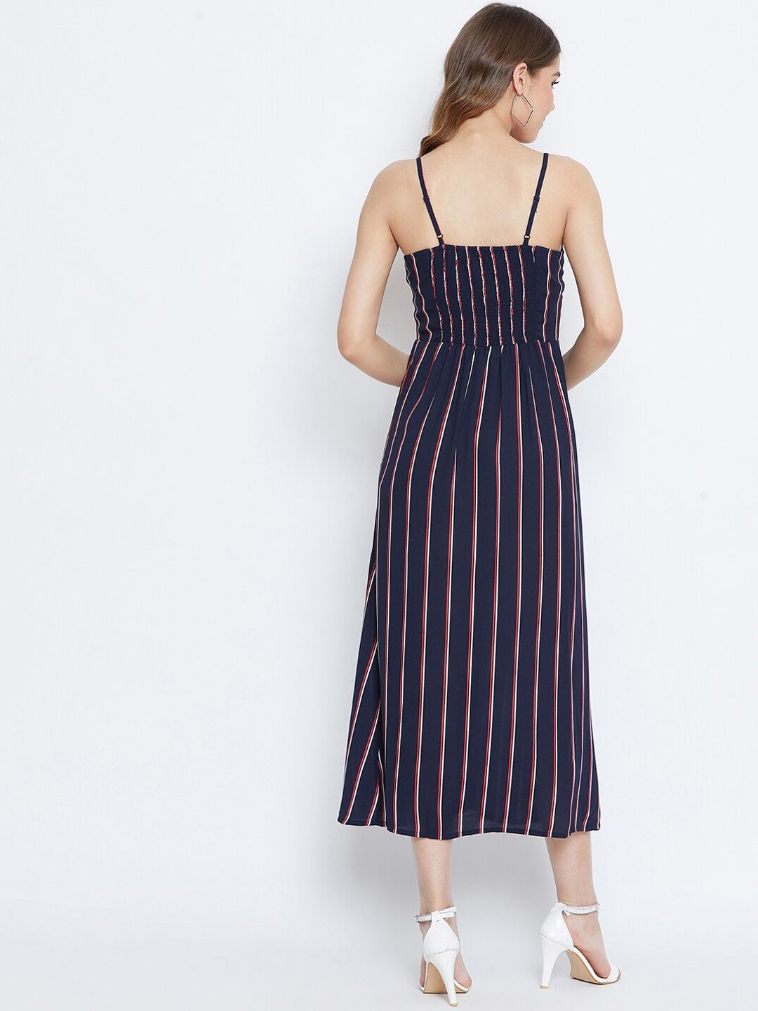 Berrylush Women Navy Blue & Red Striped A-Line Dress