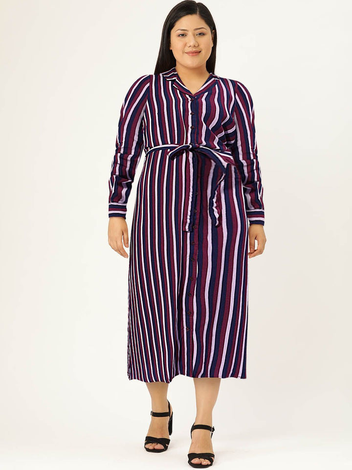 DressBerry Women Navy Blue & Maroon Striped A-Line Midi Dress