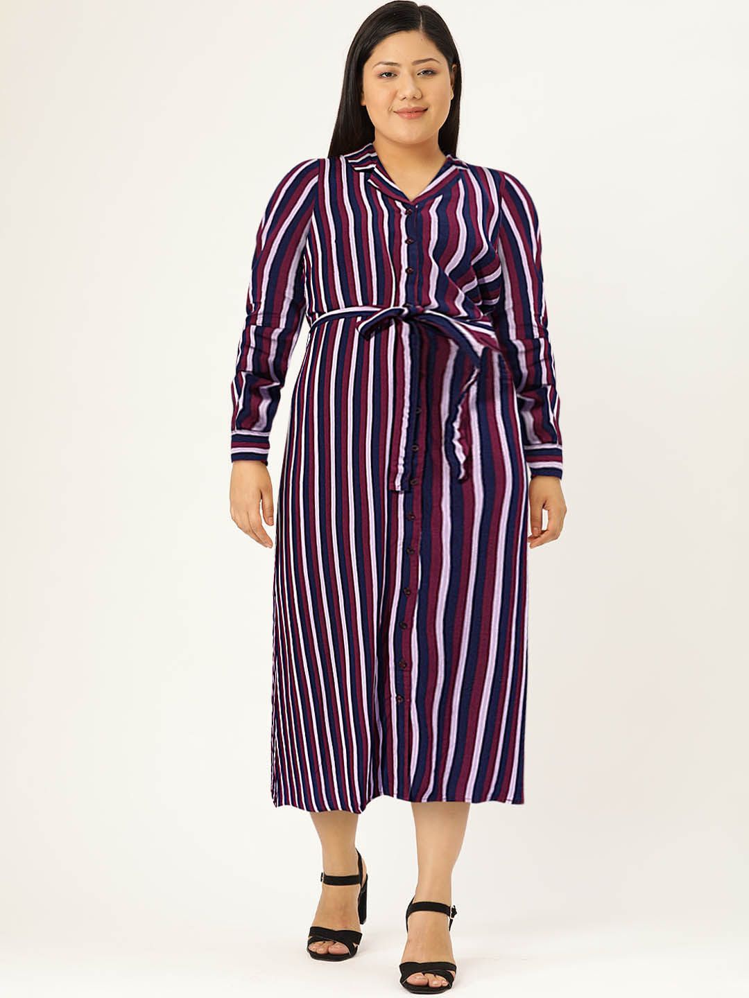 DressBerry Women Navy Blue & Maroon Striped A-Line Midi Dress
