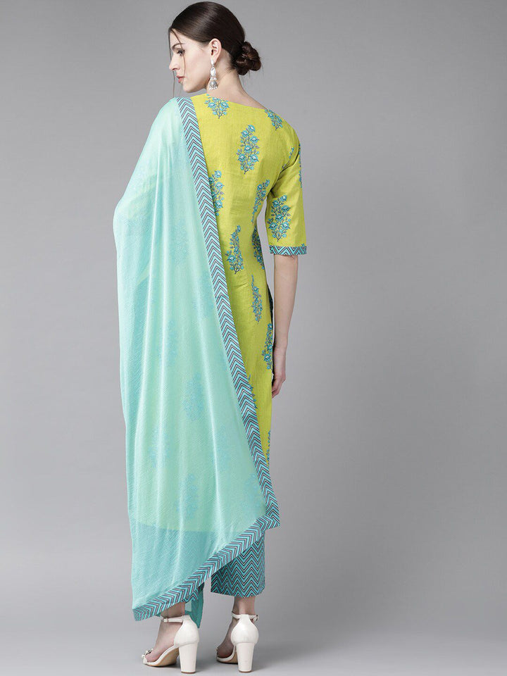 Libas Women Green Floral Printed Pure Cotton Kurta with Trousers & With Dupatta