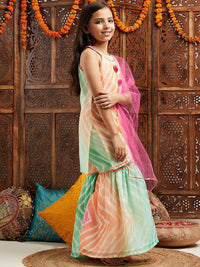 pspeaches Girls Leheriya Printed Kurti with Sharara & Dupatta