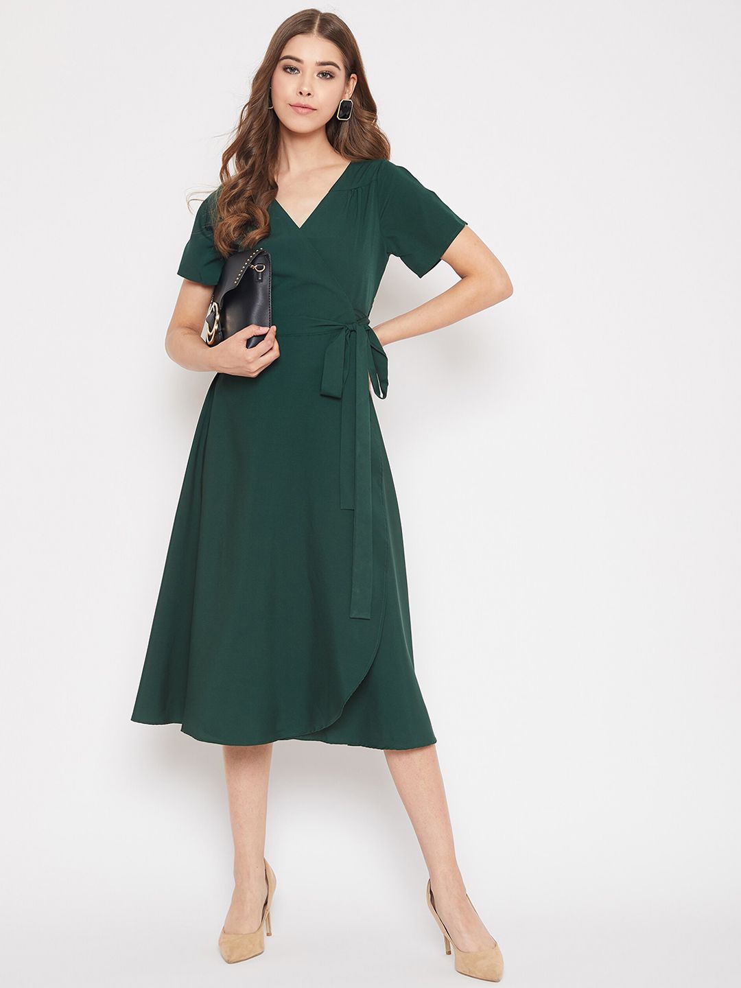 Berrylush Green Crepe Midi Wrap Dress