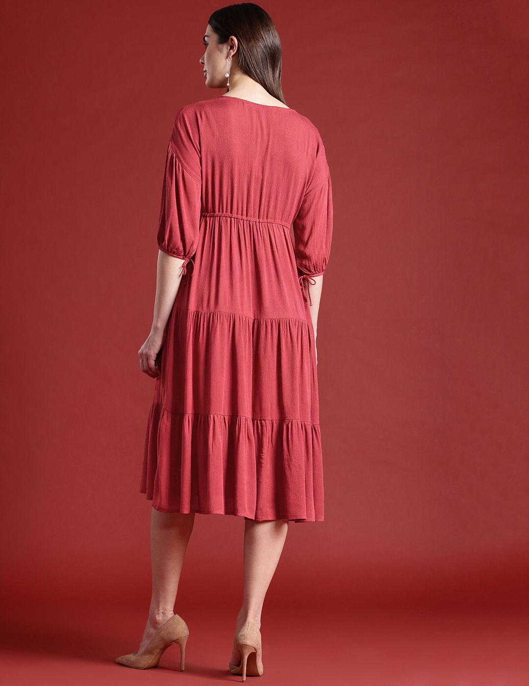 all about you Puff Sleeves Tiered Midi Wrap Style Dress