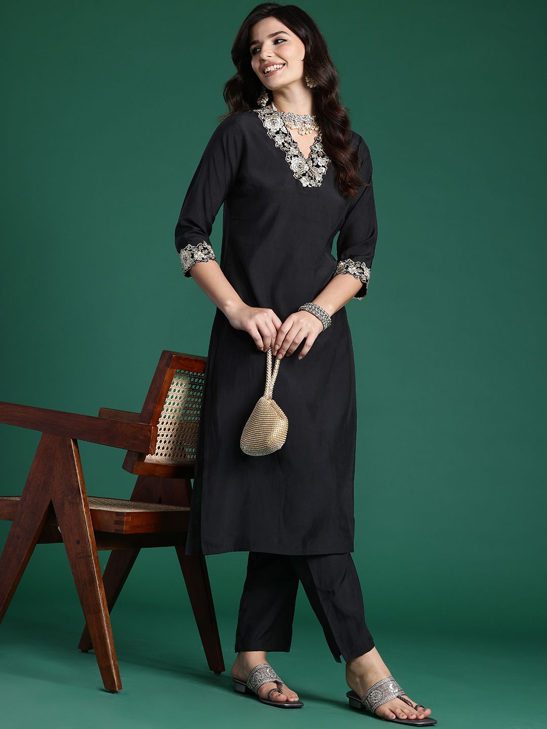 Indo Era Women Floral Yoke Design Regular Pure Cotton Kurta with Trousers