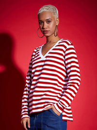 SASSAFRAS Red Striped V-Neck Long Sleeves Pure Cotton Pullover Sweatshirt