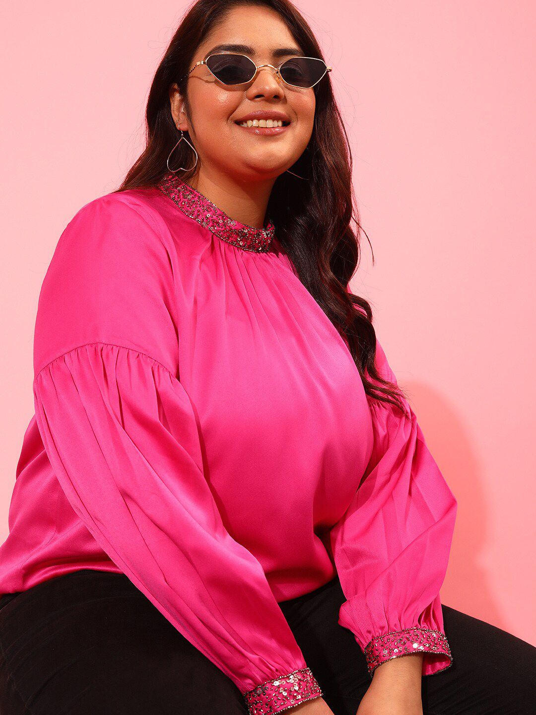 CURVY STREET Round Neck Sequined Regular Top