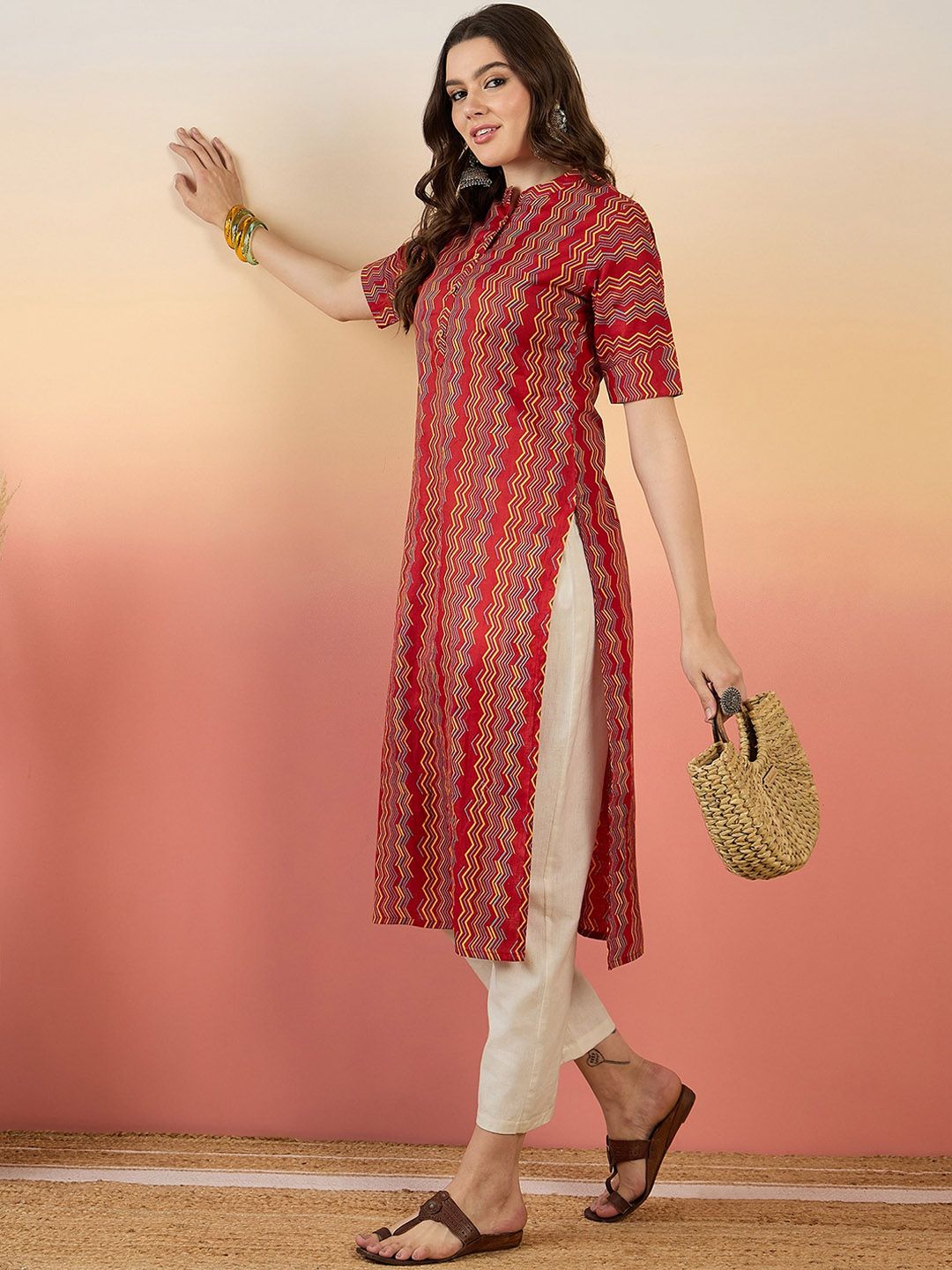 Anouk Red Chevron Printed Mandarin Collar Short Sleeves Cotton Kurta